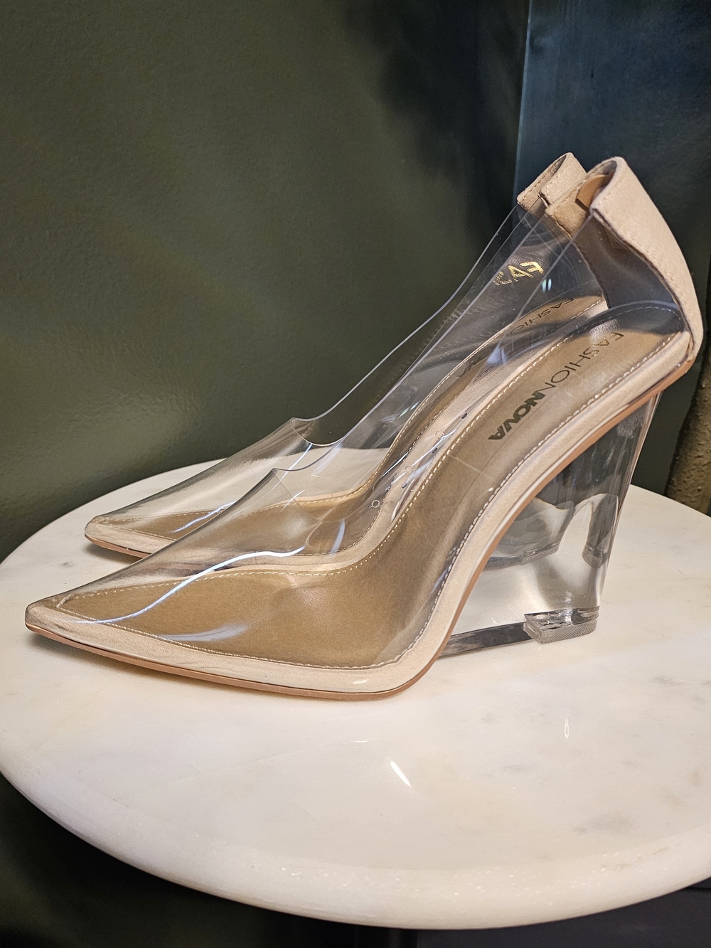 Fashion Nova Clear Wedge Pumps in Nude